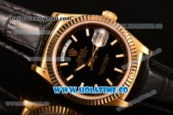 Rolex Day-Date Asia 2813/Swiss ETA 2836/Clone Rolex 3135 Automatic Yellow Gold Case with Stick Markers and Black Dial (BP) - Click Image to Close